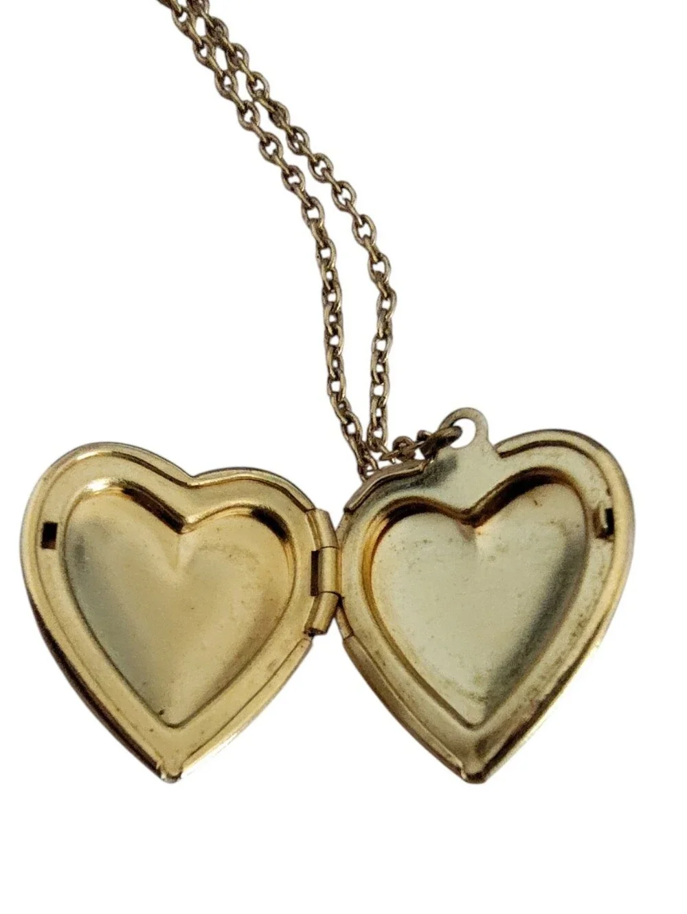 1928 Gold Tone Heart Locket Necklace Floral Double Heart Vintage Inspired